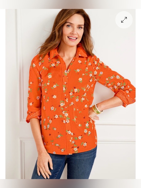 Talbots Tops - TALBOTS Women’s Cotton Orange  Floral Lively Ditsy BD LS  Top Shirt Size M
